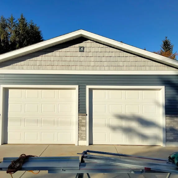 Completed gray garage with shake gable siding, Chippewa Valley WI